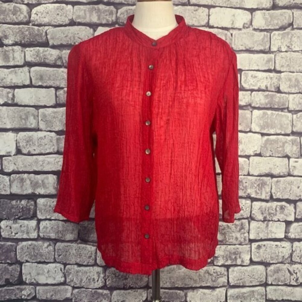 J. Jill Red Button Down Semi Sheer Blouse Size L